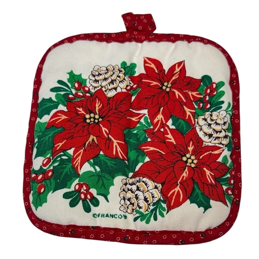 Vintage Franco Christmas Potholders Set 3 Poinsettia Tree Wreath Red White Retro